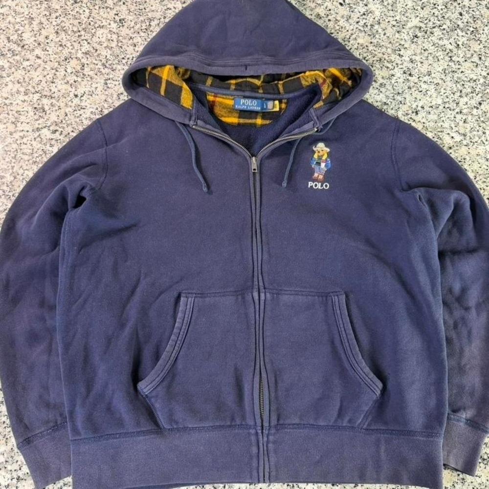 Polo Ralph Lauren Blue Rare Cowboy Polo Bear Plaid Zip Hoodie Large